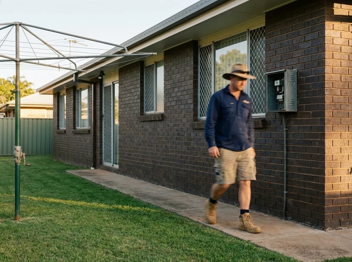 Glenn walking to inspect a meter box on a brick home