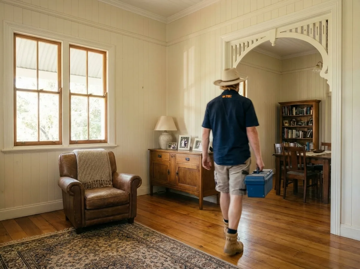 Glenn inspecting electrical work inside a Queenslander home