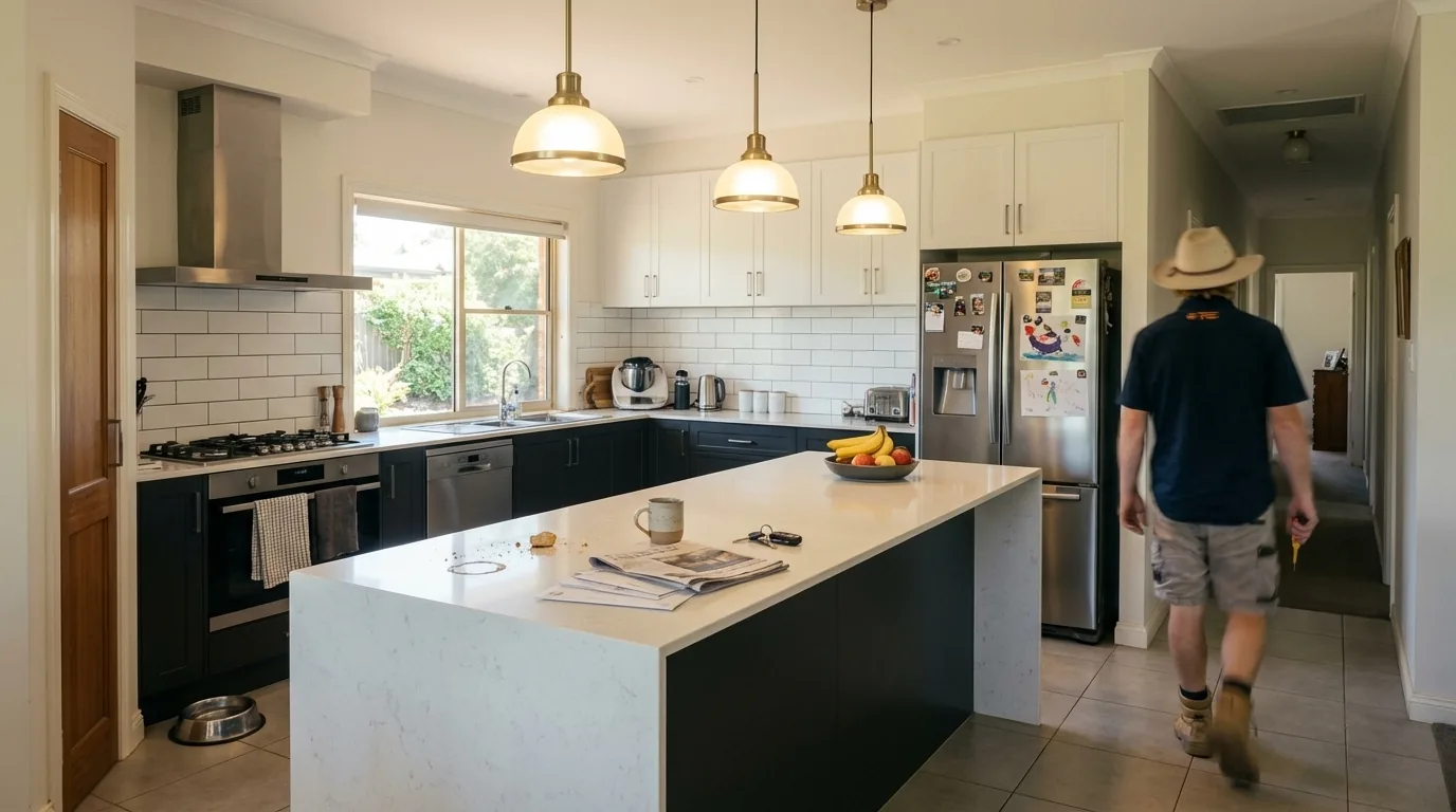 Glenn walking through a modern kitchen with pendant lights