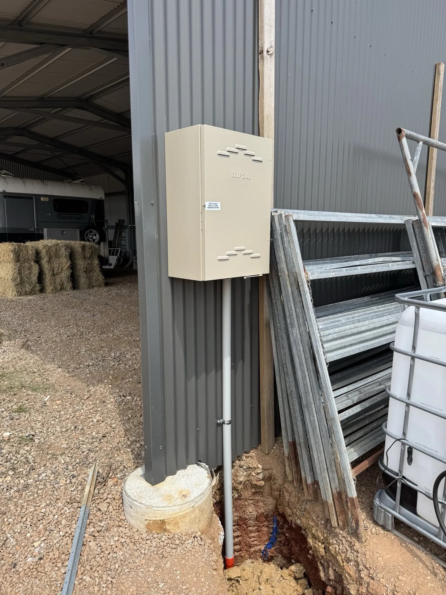Complete electrical fit-out for a large rural shed. Sub-board installation, LED lighting throughout, and power points for workshop equipment.
