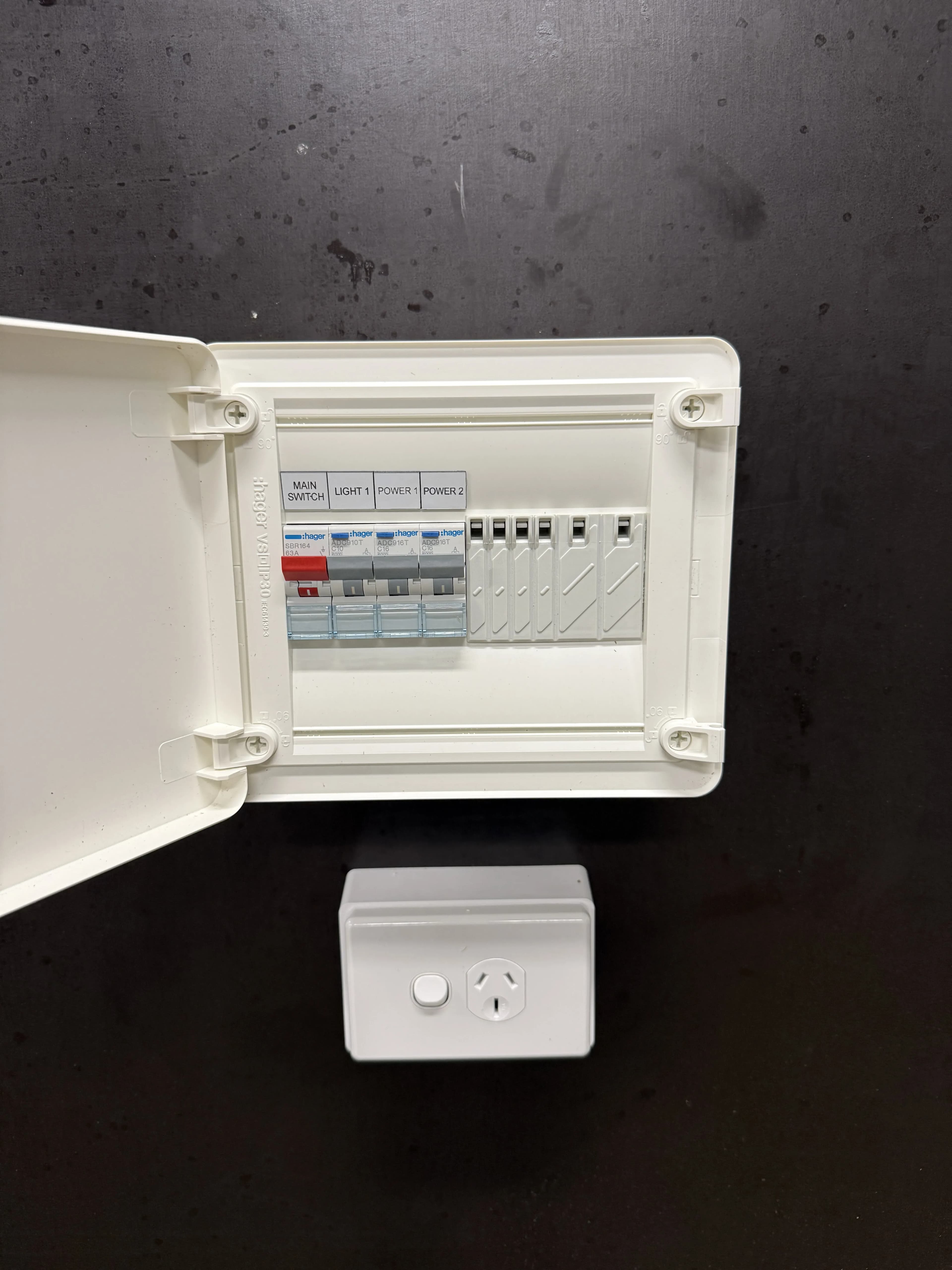 Hager sub-board with circuit breakers installed in shed