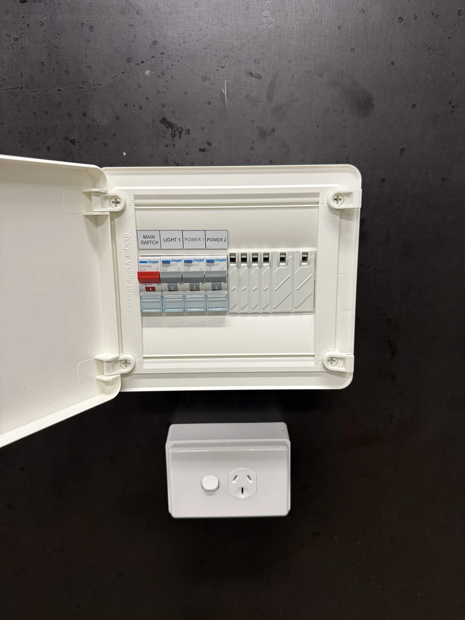 Hager sub-board with circuit breakers installed in shed