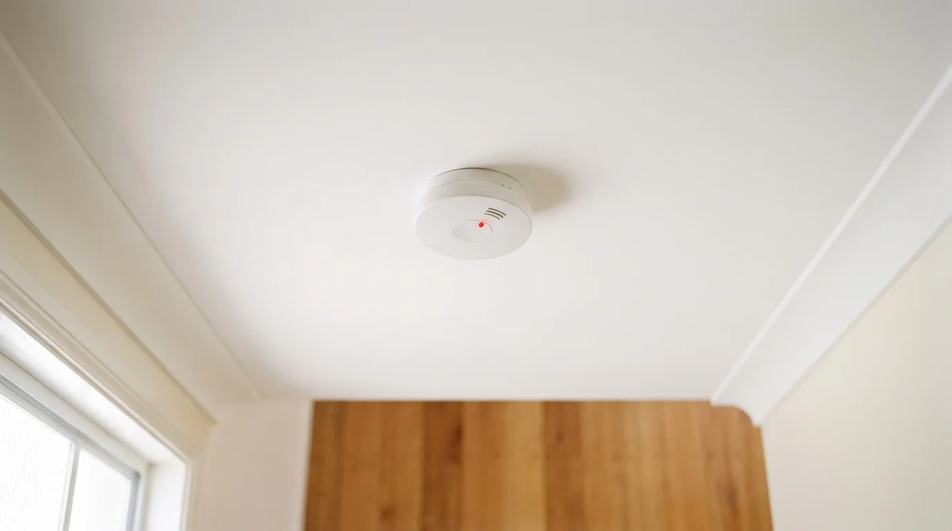 Photoelectric smoke alarm installed on white ceiling in residential hallway