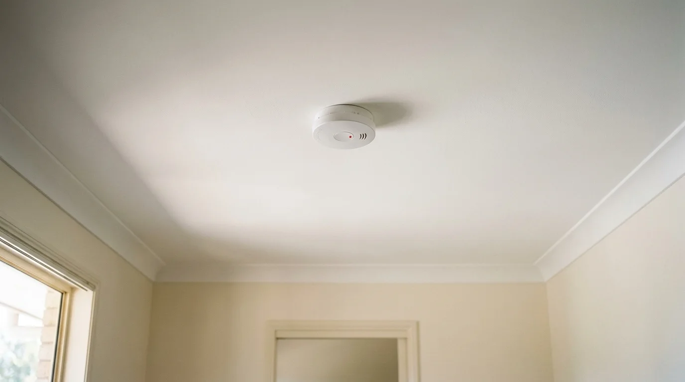 Smoke alarm mounted on bedroom ceiling for compliance inspection
