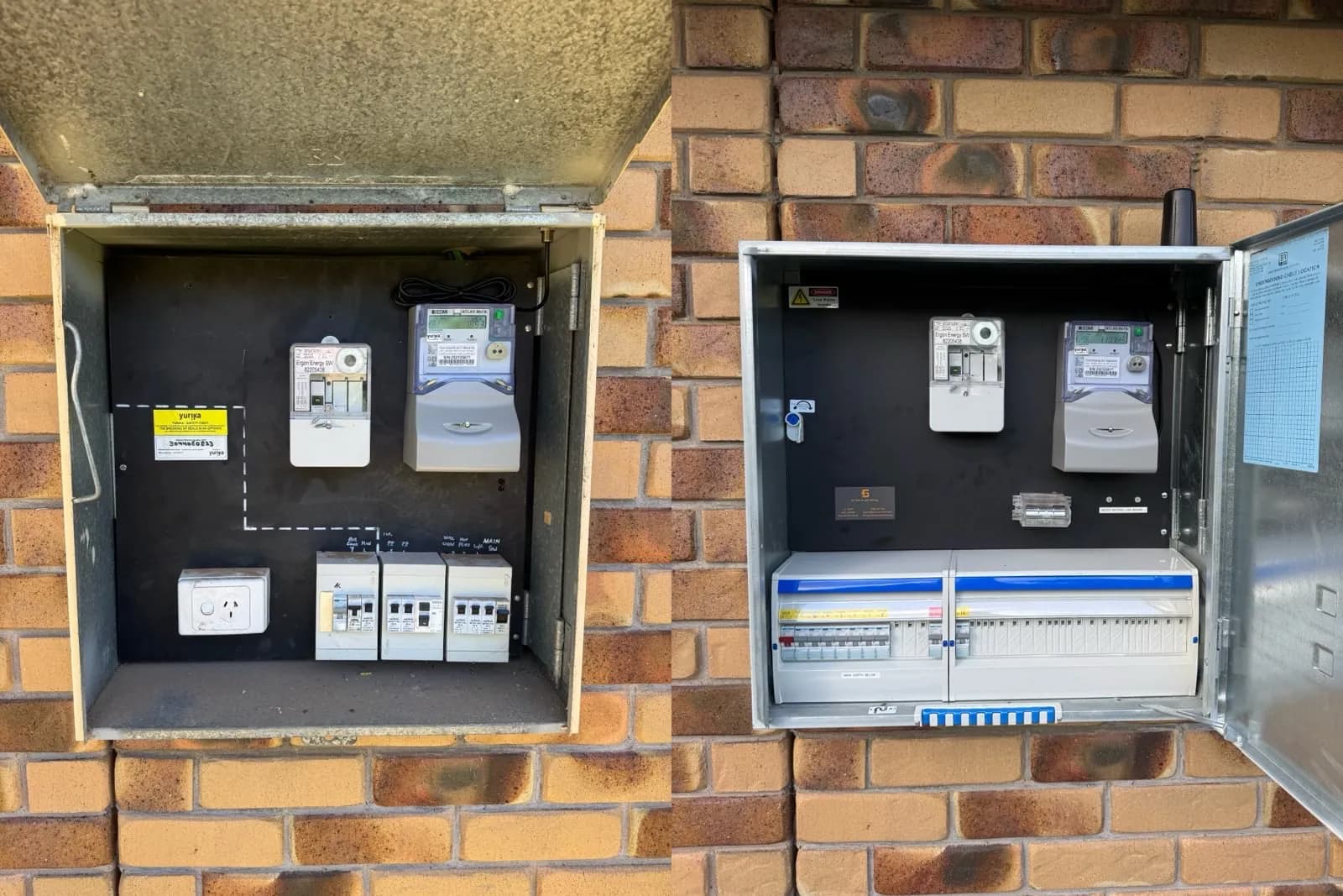 Full switchboard upgrade from old ceramic fuses to a modern Hager board with RCDs, circuit breakers, and neat cable management. Before and after comparison shows the transformation.